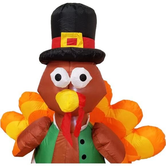 4 Foot Tall Happy Thanksgiving Inflatable Turkey with Pilgrim Hat Perfect - Picture 5 of 7